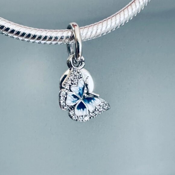 NEW Authentic Pandora Silver Blue Butterfly & Quote Double Dangle Charm - Picture 4 of 5